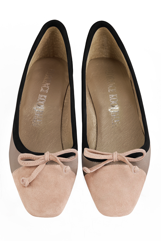 Powder pink, tan beige and matt black women's ballet pumps, with low heels. Square toe. Flat flare heels. Top view - Florence KOOIJMAN